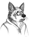  2019 anthro biped black_nose clothed clothing dave_(password) hoodie hyaenid limecardamom male mammal monochrome nasshnarah password_(visual_novel) portrait simple_background sketch solo striped_hyena teeth topwear video_games visual_novel white_background 