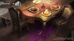  box candle carpet chain chair checkered checkered_floor commentary_request copyright_name crossover danganronpa_(series) food fork highres identity_v indoors knife meat no_humans official_art open_box pink_blood plate scenery skull table tile_floor tiles wooden_chair wooden_table 