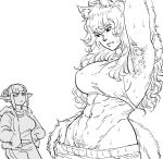  2girls abs animal_ears armpit_hair bb_(baalbuddy) breasts closed_mouth commentary elf english_commentary english_text fang fang_out female_pubic_hair furry greyscale hair_bun hairy hand_up hands_in_pockets highres jacket jitome large_breasts long_hair monochrome multiple_girls muscular muscular_female navel open_clothes open_jacket original pointy_ears presenting_armpit pubic_hair simple_background stomach sweat tail white_background wolf_ears wolf_girl wolf_tail 