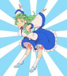  1girl :&gt; \o/ ankle_socks arms_behind_back arms_up ass bangs between_breasts blue_background blue_footwear blue_skirt breasts collared_shirt commentary_request detached_sleeves frilled_skirt frills frog_hair_ornament full_body furrowed_eyebrows green_eyes green_hair hair_ornament hair_tubes jean_(jean_sp) kochiya_sanae leaning_forward light_blue_background long_hair long_skirt long_sleeves looking_at_viewer open_hands outstretched_arms shirt sidelocks skirt skirt_lift sleeveless sleeveless_shirt smile smug snake_hair_ornament socks solo sunburst sunburst_background taut_clothes touhou two-tone_background v-shaped_eyebrows v_arms white_background white_legwear white_shirt wide_sleeves wing_collar 