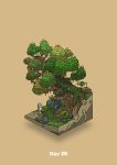  absurdres bird bowl commentary_request diorama food fruit gozz highres holding holding_bowl isometric looking_up nest orange_background original plant tree 
