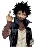 1boy black_hair black_jacket boku_no_hero_academia burn_scar dabi_(boku_no_hero_academia) hand_up jacket kadeart looking_at_viewer male_focus messy_hair middle_finger open_clothes open_mouth piercing scar shirt short_sleeves simple_background smile solo spiked_hair stitches teeth upper_body upper_teeth white_background 