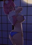  1girl animal_ear_fluff animal_ears ass back bangs bikini blue_bikini breasts daiwa fate/grand_order fate_(series) fox_ears fox_girl hair_between_eyes large_breasts long_hair looking_at_viewer pink_hair shirt_lift shouji sideboob sidelocks sliding_doors swimsuit tamamo_(fate)_(all) tamamo_no_mae_(swimsuit_lancer)_(fate) thighs yellow_eyes 