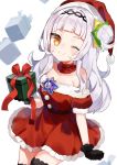  1girl absurdres breasts christmas cleavage collarbone commentary_request gift hair_ornament hat highres hololive long_hair looking_at_viewer murasaki_shion noi_mine one_eye_closed santa_costume santa_hat silver_hair simple_background solo virtual_youtuber white_background yellow_eyes 