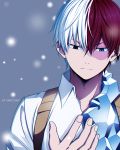 1boy absurdres artist_name bangs blue_eyes boku_no_hero_academia burn_scar closed_mouth collarbone collared_shirt commentary grey_eyes hair_between_eyes heterochromia highres ice looking_down male_focus multicolored_hair official_alternate_costume red_hair scar shirt solo todoroki_shouto two-tone_hair upper_body white_hair white_shirt yaketchup 