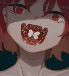  1other :d absurdres avogado6 black_background bug fangs hair_between_eyes head_tilt highres insect looking_at_viewer mole mole_under_eye moth open_mouth original red_eyes red_hair short_hair silk simple_background skin_fangs smile solo spider spider_web 