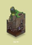  cave commentary_request diorama gozz highres isometric moss olmec_head original overgrown plant stairs stepping_stones yellow_background 