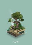  absurdres aqua_background bird bone boulder campfire commentary_request cooking diorama fish gozz highres isometric original sitting skull sos stairs steam tree treehouse 