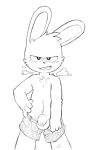  anthro balls blush bottomwear clothed clothing flaccid foreskin fur genitals hands_on_hips hi_res lagomorph leporid looking_at_viewer male mammal monochrome narrowed_eyes oob open_mouth partially_clothed penis presenting presenting_penis rabbit shorts shorts_down solo standing steam 
