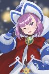  1girl ankh badge bangs beanie blue_coat blue_dress blue_gloves blue_headwear blurry blurry_background bow breasts coat dress fate/grand_order fate/grand_order_arcade fate_(series) fur-trimmed_coat fur-trimmed_dress fur_trim gloves hand_on_hip hat helena_blavatsky_(christmas)_(fate) helena_blavatsky_(fate/grand_order) highres large_bow long_sleeves looking_at_viewer one_eye_closed open_mouth purple_eyes purple_hair red_bow salute short_hair small_breasts smile suezu1022 