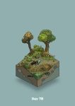  absurdres bird blue_background bush carrying cattail commentary_request diorama gozz highres isometric original plant pond pot tree 