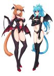  2girls absurdres airisubaka animal_ear_fluff animal_ears arm_under_breasts bare_shoulders bat_wings black-framed_eyewear black_footwear black_gloves blue_eyes blue_hair blue_ribbon boots breasts cat_ears cat_girl cat_tail cleavage commentary demon_costume elbow_gloves english_commentary full_body glasses gloves head_wings heterochromia high_heels highres holding holding_whip large_breasts long_hair looking_at_viewer low_wings medium_breasts medium_hair multiple_girls navel orange_hair original parted_lips ponytail red_eyes ribbon simple_background smile standing tail tail_ornament tail_ribbon thigh_boots thighhighs whip white_background wings 