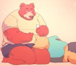  2020 anthro arufina_w belly blush brown_body brown_fur canid canine canis clothing domestic_dog duo fur kemono male mammal overweight overweight_male shirt topwear underwear 