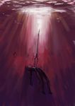  1boy absurdres black_hair brown_hair highres ikari_shinji lance_of_longinus male_focus miyamoya neon_genesis_evangelion plugsuit polearm red_theme solo spear stab submerged sunlight weapon 