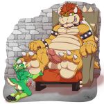  1:1 3_toes anthro balls bodily_fluids bowser chair claws duo feet foot_fetish foot_focus foot_lick foot_play furniture genital_fluids genitals hi_res licking male male/male mario_bros nintendo nude pawpads penis precum size_difference teaselbone throne toe_claws toes tongue tongue_out video_games 
