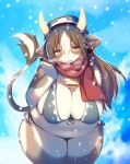  1girl animal_ear_fluff animal_ears bikini black_bikini black_headwear breasts breath brown_eyes brown_hair cleavage cow_ears cow_girl cow_horns cow_tail crunchobar furry hat highres horns large_breasts leaning_forward long_hair original outdoors plump red_scarf scarf smile snow snowing solo swimsuit tail thick_thighs thighs 