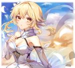  1girl bare_shoulders blonde_hair blue_sky blush breasts cleavage cloud cloudy_sky dress eyebrows_visible_through_hair feathers fingernails flower genshin_impact hair_feathers hair_flower hair_ornament highres ichineko. light_blush light_particles light_rays lumine_(genshin_impact) medium_hair orange_sky outdoors parted_lips petals scarf signature sky solo sunrise white_feathers white_flower white_scarf yellow_eyes 