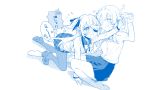  2girls bangs blue_theme blush cellphone eyepatch fischl_(genshin_impact) flower genshin_impact hair_flower hair_ornament hair_ribbon highres holding holding_phone kneeling long_hair long_sleeves lumine_(genshin_impact) monochrome multiple_girls one_eye_closed open_mouth phone pleated_skirt reaching ribbon school_uniform skirt smile spoken_blush sukisukiharami tearing_up translation_request two_side_up 