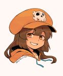  asaya_minoru brown_eyes brown_hair cabbie_hat drawstring eyebrows_visible_through_hair guilty_gear guilty_gear_strive hat hood hoodie long_hair looking_at_viewer may_(guilty_gear) orange_hoodie skull_and_crossbones smile twitter_username upper_body white_background 