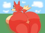  animal_crossing anthro audie_(animal_crossing) back_boob big_butt breasts butt canid canine canis eyewear female fur hi_res huge_butt mammal mechaclank nintendo outside red_body red_fur solo sunglasses thick_thighs video_games wide_hips wolf 
