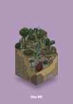  boar bush carrying commentary_request diorama gozz highres isometric log original plant purple_background tree tusks water waterfall 