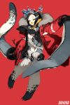  1girl artist_name black_hair boots breasts fish_hair_ornament hair_ornament hairclip highres jacket long_hair open_mouth original orihira penguin_girl red_background red_jacket simple_background small_breasts smile solo symbol-shaped_pupils thigh_boots thighhighs yellow_eyes 