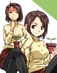  1girl black_legwear breasts brown_eyes brown_hair commentary_request holding kamisimo_90 large_breasts looking_at_viewer multiple_views original pantyhose plant plant_girl_(kamisimo_90) potted_plant red_skirt short_hair sitting skirt smile sweater turtleneck yellow_sweater 