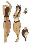  anthro blue_eyes bra breasts brown_hair canid canine canis chest_tuft cleavage clothed clothing coyote digitigrade fairdahlia female fur hair harper_(fairdahlia) hi_res long_hair mammal model_sheet navel panties rear_view skimpy smile solo stretching tan_body tan_fur tuft underwear 