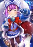  1girl ankh badge bangs beanie black_legwear blue_coat blue_dress blue_footwear blue_gloves blue_headwear boots bow breasts closed_mouth coat dress fate/grand_order fate/grand_order_arcade fate_(series) fur-trimmed_coat fur-trimmed_dress fur_trim gloves hat helena_blavatsky_(christmas)_(fate) helena_blavatsky_(fate/grand_order) highres kuro_yanagi large_bow long_sleeves looking_at_viewer one_eye_closed pantyhose purple_eyes purple_hair red_bow sack short_hair small_breasts smile snowing v 