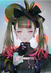  1girl bangs black_bow black_gloves blunt_bangs bow brown_hair ear_piercing earrings gloves gradient_hair hair_bow highres jewelry long_hair long_sleeves multicolored_hair original parted_lips piercing pink_eyes pink_hair ring solo toinana twintails upper_body 