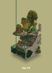  commentary_request diorama food fruit gozz highres isometric lily_pad mural original overgrown plant rat ruins squid stairs tree water yellow_background 