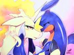  025aki ambiguous_gender anthro anthrofied blush breasts duo female female/ambiguous garchomp glistening glistening_body half-closed_eyes hi_res interspecies narrowed_eyes nintendo open_mouth painting_(artwork) pok&eacute;mon pok&eacute;mon_(species) rapidash red_eyes smile traditional_media_(artwork) video_games watercolor_(artwork) 