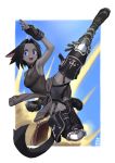  1girl absurdres animal_ears bag black_hair blue_eyes boots character_request choker clothes_around_waist colored_skin final_fantasy final_fantasy_xiv fingerless_gloves flying_kick gloves grey_skin highres kicking knee_pads looking_at_viewer original shirt shirt_around_waist short_hair shorts signature solo tail tank_top thigh_boots thighhighs tostantan 