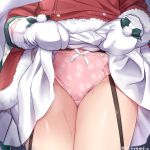  1girl azur_lane christmas coat fur-trimmed_coat fur-trimmed_mittens fur-trimmed_shirt fur_trim garter_straps lifted_by_self lower_body mittens panties pink_panties red_coat santa_costume saratoga_(azur_lane) saratoga_(silent_night_songstress)_(azur_lane) shirt skirt skirt_lift snowflake_print solo sweat torimaru underwear white_mittens winter_clothes winter_coat 