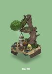  campfire commentary_request cooking diorama eating food gozz highres holding holding_food isometric jewelry meat original palm_leaf pot sitting spitroast tree treehouse 