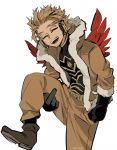  1boy arm_at_side artist_name black_gloves black_shirt blonde_hair boku_no_hero_academia boots brown_footwear brown_jacket brown_pants closed_eyes commentary covered_collarbone english_commentary facial_hair feathered_wings fur-trimmed_jacket fur_trim gloves hawks_(boku_no_hero_academia) jacket kadeart knee_up male_focus middle_finger open_mouth pants red_wings shirt shoes short_hair simple_background sitting smile solo spiked_hair upper_teeth white_background wings 
