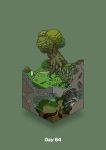  absurdres bubble column commentary_request diorama fish gozz green_background highres isometric lily_pad original pillar plank pond ruins stairs tentacles tree 