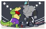  2020 alligator alligatorid anthro bottomwear brok_(character) brok_the_investigator clothing crocodilian duo fighting_ring fur glassesgator green_body grey_body grey_fur male mammal mask murid murine rat reptile rodent scalie shorts video_games 