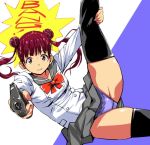  1girl aiming aiming_at_viewer bangs black_legwear breasts brown_eyes buttons collarbone commentary_request crotch_seam double_bun grey_skirt gun handgun kamisimo_90 knee_up legs long_hair looking_at_viewer lying medium_breasts neck_ribbon on_side original panties pistol purple_panties red_hair ribbon sailor_collar shirt short_sleeves skirt smile solo thighhighs thighs twintails underwear weapon white_shirt 