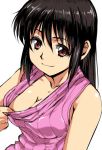  1girl bare_shoulders black_hair breasts brown_eyes cleavage closed_mouth collarbone commentary_request downblouse kamisimo_90 long_hair medium_breasts no_bra original pink_sweater presenting ribbed_sweater smile solo sweater sweater_girl_(kamisimo_90) sweater_vest upper_body 