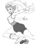  1girl ass cleanerjay fingernails greyscale hair_between_eyes hair_through_headwear helmet highres korrina_(pokemon) long_hair monochrome open_mouth pokemon roller_skates simple_background skates sketch smile solo tongue upper_teeth wristband 