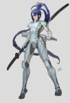  1girl blue_hair bodysuit closed_mouth frown glowing grey_background hair_between_eyes highres holding holding_sheath holding_weapon long_hair ninja ootachi orange_eyes original overwatch scabbard sheath sheathed simple_background skin_tight standing sword very_long_hair wakizashi weapon zm 