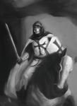  2020 anthro armor clothed clothing coat digital_media_(artwork) dimonis duo equid equine felid feline feral fur greyscale guardian hair hi_res horse lion male mammal melee_weapon monochrome mount/rider_relations pantherine shield signature simple_background smile sword templar topwear video_games warrior watermark weapon 