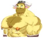  2020 animal_crossing anthro armor blue_eyes bovid bovine brown_body brown_fur cattle fur headgear helmet male mammal manly muscular muscular_anthro muscular_male nintendo nipples simple_background solo tora_gy vic_(animal_crossing) video_games white_background 