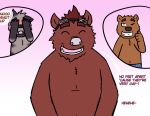  2019 aion_(artist) black_nose blush brown_bear brown_body brown_fur dave_(password) dean_(password) english_text eyes_closed fur grey_body grey_fur group hyaenid male male/male mammal one_eye_closed password_(visual_novel) roswell_(password) slightly_chubby striped_hyena suid suina sus_(pig) text ursid ursine video_games visual_novel wild_boar wink 