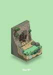 beach boat boulder cave commentary_request diorama fish gozz green_background highres isometric log original rope tree watercraft 