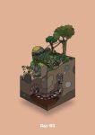  axe campfire commentary_request diorama gozz hanging highres isometric lever log olmec_head orange_background original rope stairs tree underground 