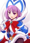  1girl ankh badge bangs beanie black_legwear blue_coat blue_dress blue_gloves blue_headwear bow breasts coat donutman dress fate/grand_order fate/grand_order_arcade fate_(series) fur-trimmed_coat fur-trimmed_dress fur_trim gloves hat helena_blavatsky_(christmas)_(fate) helena_blavatsky_(fate/grand_order) highres large_bow long_sleeves looking_at_viewer open_mouth pantyhose purple_eyes purple_hair red_bow sack short_hair small_breasts 
