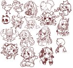  1boy 6+girls ^_^ absurdres ahoge alternate_hairstyle animal_ears banana_costume bandaid bandaid_on_face bangs bow braid bsapricot bsapricot_(vtuber) bunny character_request chibi closed_eyes corn_dog cosplay dab_(dance) dodo_(bird) dog eating english_commentary english_text fang food fox_ears fox_girl hair_bow highres holding holding_food hololive horns lich mario mario_(cosplay) mario_(series) melody_(projektmelody) monochrome mouse_ears multiple_girls muscular muscular_female nyatasha_nyanners open_mouth panda projektmelody shirakami_fubuki short_hair sketch tongue tongue_out twin_braids virtual_youtuber vshojo zentreya_(vtuber) 