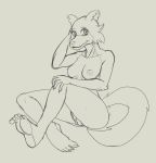  anthro beastars black_and_white breasts canid canine canis feet female fours_(artist) hand_behind_head hand_on_knee hand_on_leg hi_res juno_(beastars) looking_at_viewer mammal monochrome sitting sketch smile solo wolf 